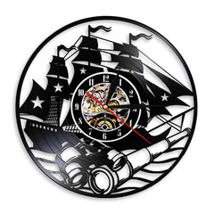 Vintage Nostalgic Art Wall Vinyl Wall Clock Yacht Ship Wheel Anchor Nautical Vinyl Record Wall Clock Home Decor