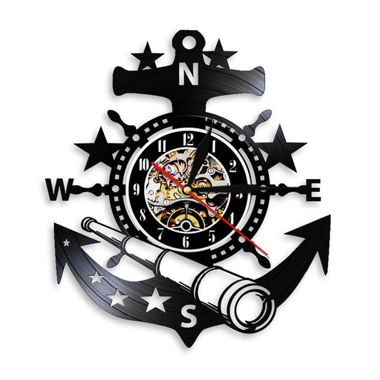 Vintage Nostalgic Art Wall Vinyl Wall Clock Yacht Ship Wheel Anchor Nautical Vinyl Record Wall Clock Home Decor